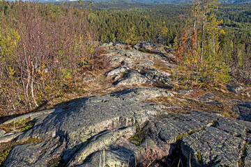 Mount Hiidenvuori, taiga landscape. Its top offers breathtaking panoramic views of the picturesque surroundings.  View of Ladoga Skerries National Park and the Yanisjoki River, Karelia
