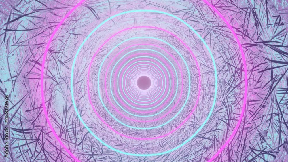 Poster camera fly through an endless round tunnel with glowing neon rings. loop animation 3d render