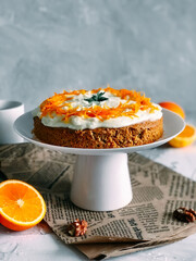 Carrot cake. homemade moist and sweet layer cake with grated carrot.