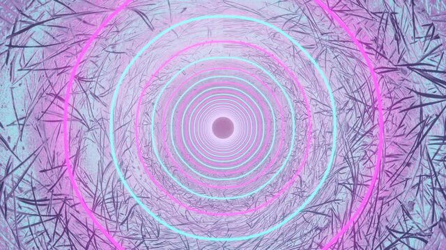 camera fly through an endless round tunnel with glowing neon rings. loop animation 3d render