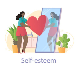 Young smiling female character is holding red heart with her mirror reflection on white background. Concept of self love act, body positive, confidence increasing. Flat cartoon vector illustration
