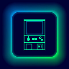 Glowing neon line Retro arcade game machine icon isolated on black background. Colorful outline concept. Vector