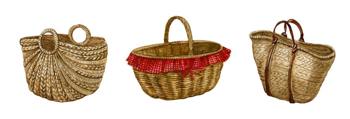 Watercolor empty basket, Wicker basket,Wooden box ,Farmhouse rustic basket,picnic basket ,watercolor gardening,straw bag isolated in white background