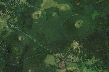 Parc des Volcanes looking down aerial view from above, bird’s eye view, Parc des Volcanes,...