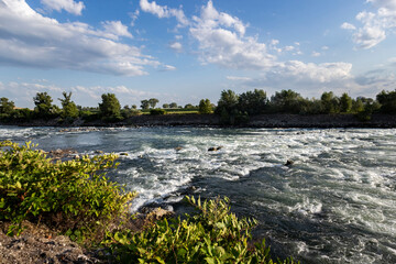 Wonderful sunset over Sava river rapids on the outskirts of Zagreb city