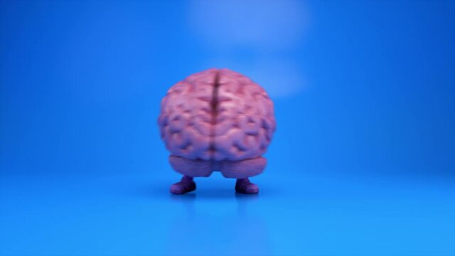 Dancing brain on a colorful blue background. Artificial intelligence concept. 3d animation of a seamless loop