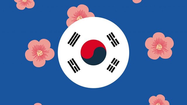 korean culture animation with flag and flowers