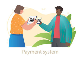 Cheerful female character is scanning qr code from a man with her smartphone on white background. Concept of modern digital payment application for smartphones. Flat cartoon vector illustration