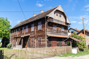 Old, traditional wooden school in the village of Kuce, on the edge of Turopolje forest, monument of traditional croatian architecture in continental regions