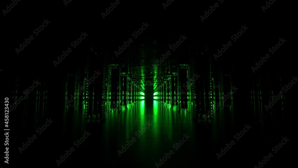 Poster a long futuristic corridor with a technological interior. neon light moving rapidly from the end of 