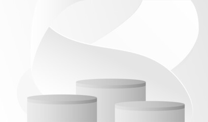 Pedestal podium with white paper swirl flow on the background. Concept of product display stage template for advertising banner or social media post. Flat cartoon vector illustration