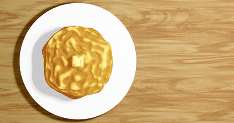 Render with butter melting on pancakes in a plate on a wooden table from above
