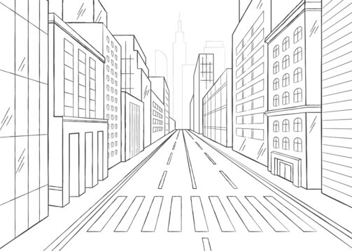 Hand drawn big city street graphic black and white sketch on white background. Concept of architect modern city view concept plan for building. Flat cartoon vector illustration