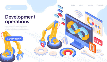 Development operations with special equipment on white background. Process of software production and administration. Website, web page, landing page template. Isometric cartoon vector illustration - obrazy, fototapety, plakaty