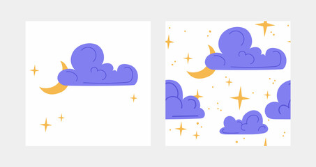 Obraz premium Seamless patterns. And a separate illustration. Clear weather concept. Clouds with a month and stars on a white background.