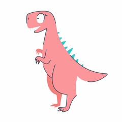 Funny cartoon cute pink dinosaur. Cute happy dinosaur girl. Funny pink dragon mascot. Isolated over white background.