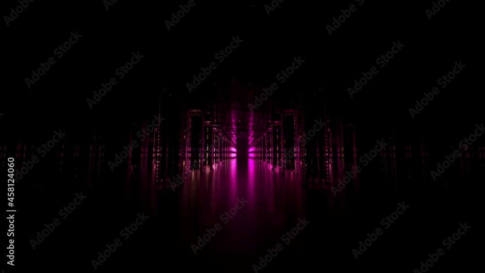 Poster a long futuristic corridor with a technological interior. neon light moving rapidly from the end of 