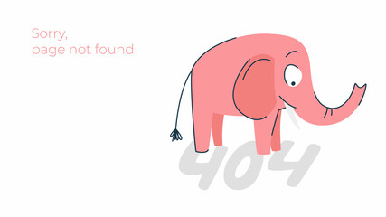 Illustration of internet connection problem concept. 404 error page not found isolated in white background. The funny pink elephant.