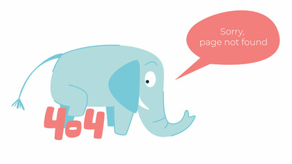 Illustration of internet connection problem concept. 404 error page not found isolated in white background. The funny blue elephant.