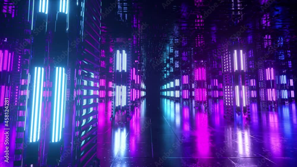 Poster a long futuristic corridor with a technological interior. neon light moving rapidly from the end of 