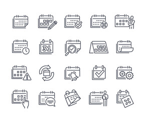 Set of linear calendar related essential icons on white background. Concept of appointment, date settings, working schedule elements. Flat cartoon vector illustration