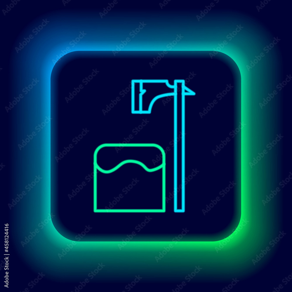 Poster glowing neon line executioner axe in tree block icon isolated on black background. hangman, torturer