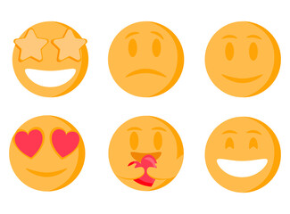 Various emoji faces flat icons big set for web design. Cartoon yellow emotion circles icons smiling, laughing and crying isolated vector illustrations. Feeling expression and communication concept