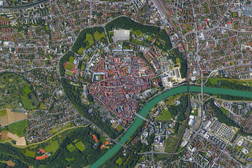 Naklejka premium City of Ingolstadt looking down aerial view from above – Bird’s eye view Ingolstadt Oberbayern, Germany