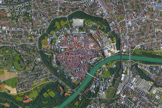 City of Ingolstadt looking down aerial view from above – Bird’s eye view Ingolstadt Oberbayern, Germany