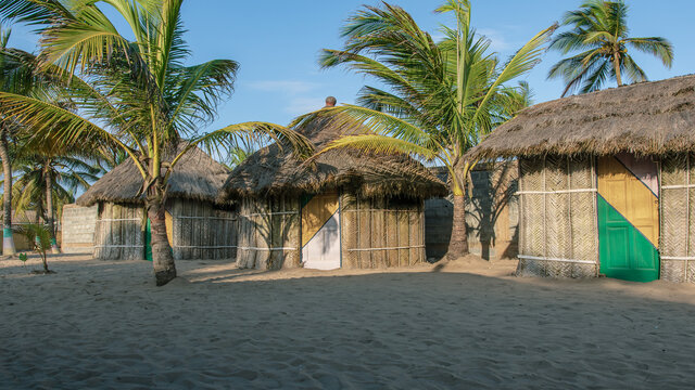 Bungalow with thatched roof and built in old tradition way on a beach in Ada Foah located at volta region Ghana West Africa