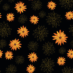 Seamless botanical pattern with rudbeckia flowers. Herbal background. Hand drawn illustration. Floral vector botany pattern with herbs