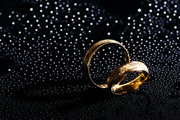 The Wedding rings with splashes of water and pieces of ice. Wedding concept.Copy space for text....