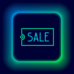 Glowing neon line Price tag with an inscription Sale icon isolated on black background. Badge for price. Promo tag discount. Colorful outline concept. Vector