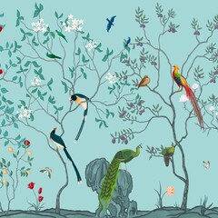 Chinoiserie Vintage floral illustration for wallpaper, fabric, packaging. Mural. Bloom. Background with exotic birds and flowers