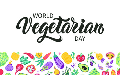 World Vegetarian day handwritten text and seamless border pattern of vegetables. Hand drawn cute colorful illustration, doodle style, modern brush ink calligraphy, hand lettering, typography