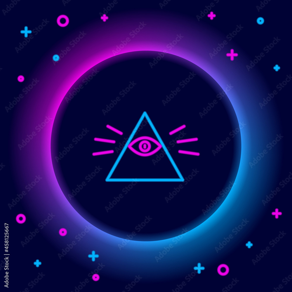 Poster glowing neon line masons symbol all-seeing eye of god icon isolated on black background. the eye of 