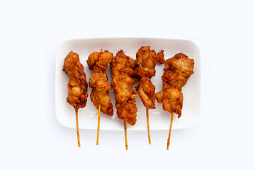 Fried crispy chicken skewers, Thai style street food