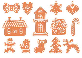 Vector gingerbread cookies. Christmas houses, sock, lollipop, deer, gingerbread man, star, mitten, tree, heart, ribbon