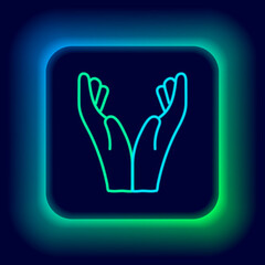 Obraz premium Glowing neon line Hands in praying position icon isolated on black background. Prayer to god with faith and hope. Colorful outline concept. Vector