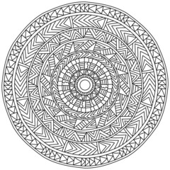 Outline mandala with linear patterns of straight lines and triangles, meditative coloring pagefor design