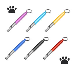 Whistle for dog training. Vector illustration. Isometric color set icons for web design isolated on white background