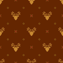 Vector rustic seamless pattern with stylized deer, berries and rhombuses. Brown decorative geometric background in ethnic style for fabric, wrapping paper, packaging and wallpaper