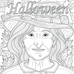 Witch in a hat among the autumn leaves. Halloween. Coloring book anti stress for children and adults. Illustration isolated on white background. Zen-tangle style. Hand draw