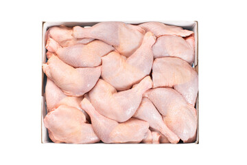 Fresh chicken leg with skin many pieces close-up in a cardboard box for a supermarket, retail. Raw chicken meat.