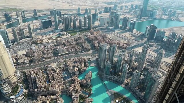 uae dubai  top view on burj khalifa lake and address hotel from glas 