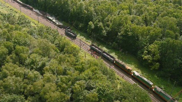 Arial View. Freight Train Accident, Transport Derailment, Damaged Of Train