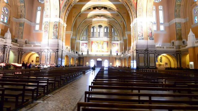 LISIEUX, FRANCE - JULY 2014: Interior of famous Therese of Lisieux Cathedral Slow motion