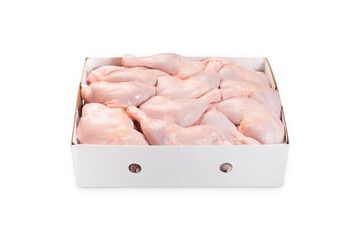 Fresh chicken leg with skin many pieces close-up in a cardboard box for a supermarket, retail. Raw chicken meat.