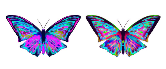 Colourful abstract neon psychedelic set of butterflies. Design of butterfly. Creativity and art