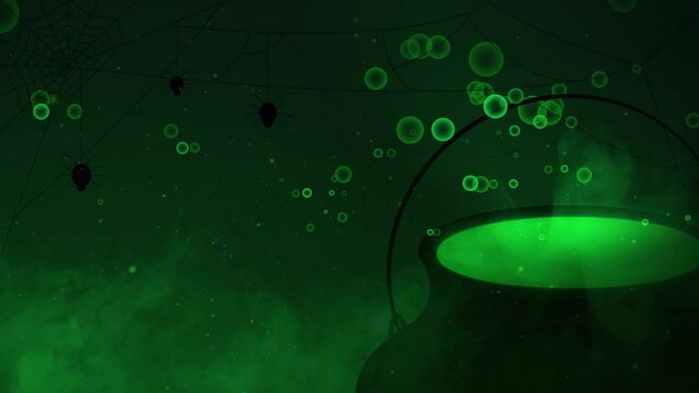 Animated halloween illustration of a witch's cauldron, with particles, spider and its cobwebs. green.